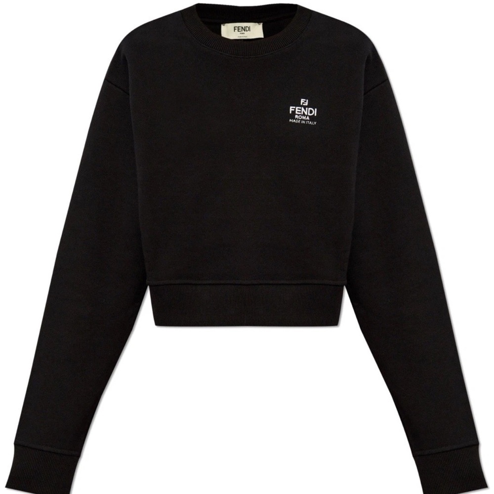 Fendi Black Cropped Sweatshirt with Crew Neck and Long Sleeves